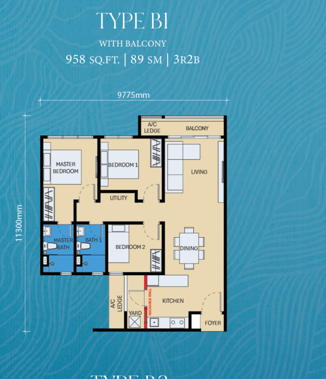 Floor plan Type B1 — 3-Bedroom with Balcony