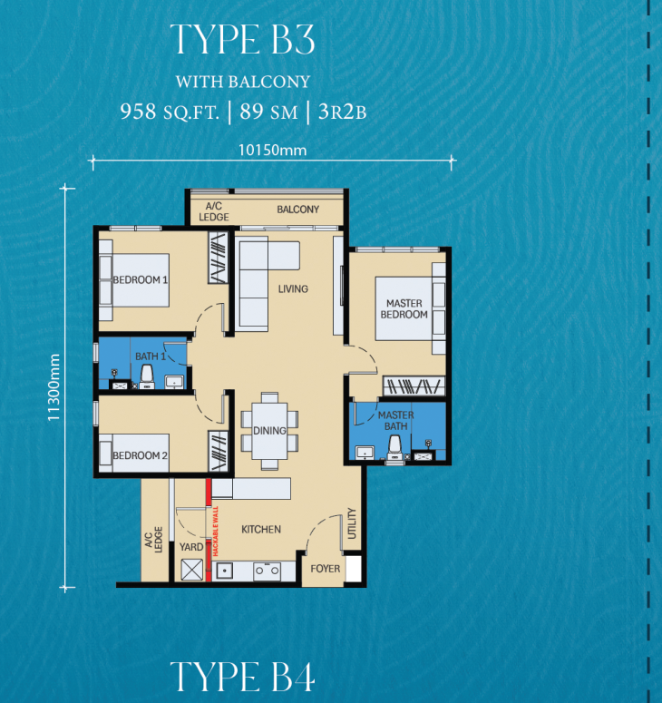 Floor plan Type B3 — 3-Bedroom with Balcony
