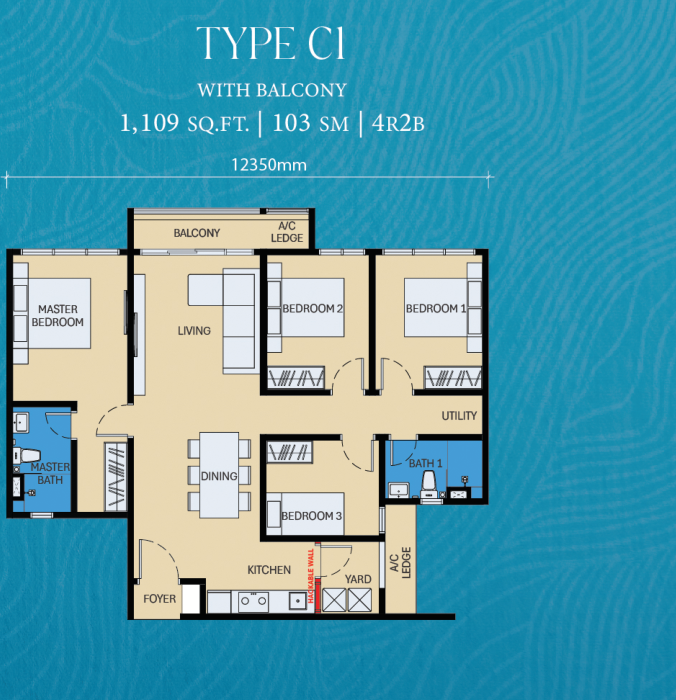 Floor plan Type C1 — 4-Bedroom with Balcony